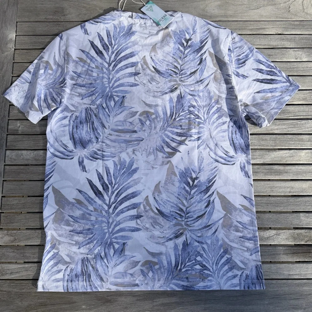 GUESS White & Light Blue Palm-Print Short Sleeve Tee - Picture 5 of 12